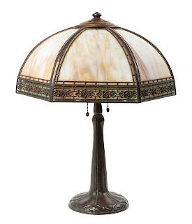 Handel Company, USA, EARLY 20TH CENTURY, a paneled glass table lamp with hexagonal shade over bronze baluster form base