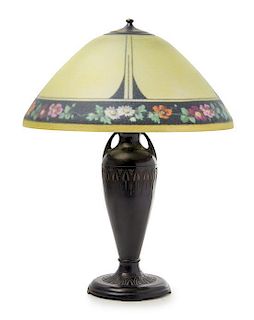 * Moe Bridges, USA, EARLY 20TH CENTURY, a reverse painted table lamp and shade