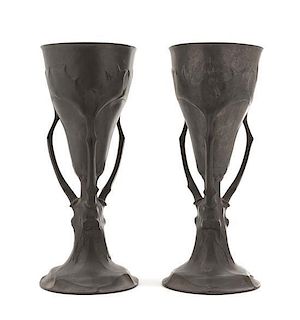 A Pair of German Jugenstil Pewter Vases, Kayserzinn, , each with three antler form handles