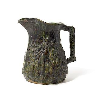 George Ohr (American, 1857-1919), LATE 19TH/EARLY 20TH CENTURY, a pottery pitcher, of tapering handled form decorated with a 