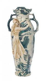 A Royal Dux Art Nouveau Pottery Vase, , of elongated ovoid form with branch form handles, the body applied with a maiden in f