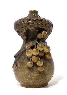 An Amphora Pottery Vase, EARLY 20TH CENTURY, of gourd form with applied leaves and berries