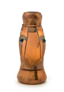 * Attributed to Koloman Moser (Austrian, 1868-1919), CIRCA 1900, a jeweled copper clad glass vase, of baluster form with line