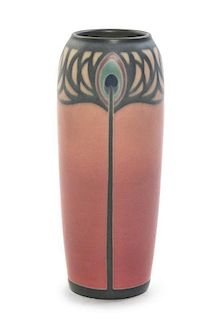 Sara Sax (American, 1870-1949), ROOKWOOD, 1911, a vellum glaze pottery vase, of elongated ovoid form having peacock feather d