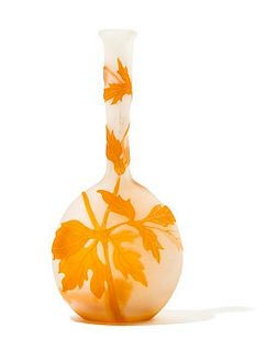 Emile Galle (French, 1846-1904), , a cameo glass bottle vase, with a long neck, having floral decoration throughout