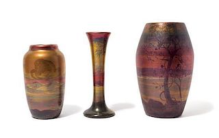 * Attributed to Weller Pottery, USA, CIRCA 1902–1907, three iridescent Sicard pottery vases, of varying size and form, each