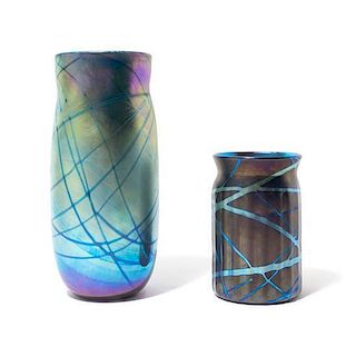 Attributed to Elaine Hyde, 1987, two studio glass vases