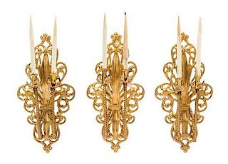 Three Gilt Metal Two-Light Wall Sconces Height of backplate 2 3/8 inches.
