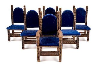 A Group of Six Jacobean Style Dining Chairs Height of armchair 3 7/8 x width 2 1/8 x depth 2 inches.