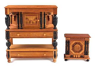 Two Jacobean Style Furniture Articles Height of first 4 3/4 x width 4 1/4 x depth 1 3/4 inches.