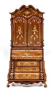 A Dutch Style Marquetry Secretary Bookcase Height 8 x width 4 x depth 2 1/8 inches.
