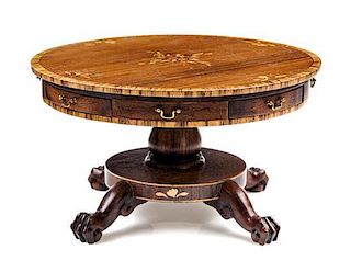 A William IV Style Marquetry Mahogany Drum Table Height 2 5/8 x diameter 4 3/4 inches.