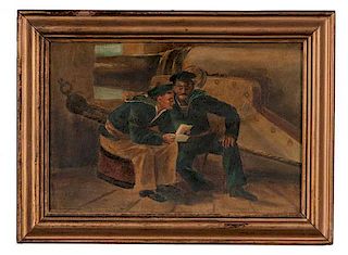 Two Sailors On Board Ship Reading Mail, Oil on Canvas 