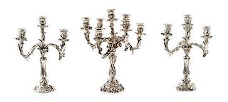 A Group of Three Silver Candelabra, Harry Smith, Perrysville, IN, comprising a seven-light example and two four-light example