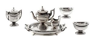 A Silver Five-Piece Tea Service, Peter Acquisto, comprising a teapot, a two-handled covered sugar, a creamer, a waste bowl an
