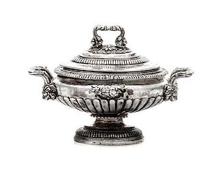 An American Silver Tureen, Obadiah Fisher, New York, NY, the handles having a lion mask motif, the body with beaded decoratio