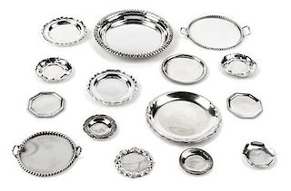 A Group of Fifteen American and Mexican Silver Dishes, Various Makers, comprising two American two-handled trays each having 