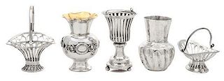 A Group of Five Diminutive Silver Table Articles, , comprising three Continental pierced baskets, a Mexican silver vase and a
