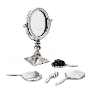 A Group of Five Silver Dresser Articles, , comprising a dresser mirror, two hand mirrors, a bristle brush and a comb.