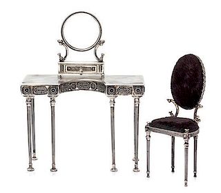A Silvered Metal Dressing Suite Dressing table height 2 5/8 x width 3 5/8 x depth 1 5/8 inches.