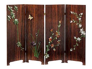 A Chinese Style Four Panel Floor Screen Height 5 1/4 x width 7 3/8 inches.