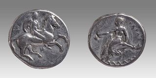CALABRIA, Tarentum. Circa 344-340 BC. AR Nomos (22mm, 7.64 g). Warrior on horse
