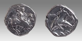 CALABRIA, Tarentum. Circa 290-281 BC. AR Nomos (20mm, 7.85 g). Nude warrior