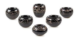 Six Santa Clara Blackware Pottery Jars Height of tallest 7/8 inch.