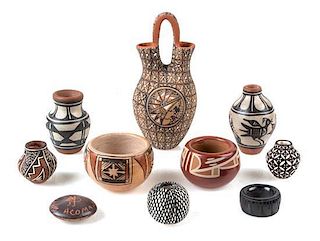 A Group of Ten Pueblo Pottery Articles Height 3 3/4 inches.