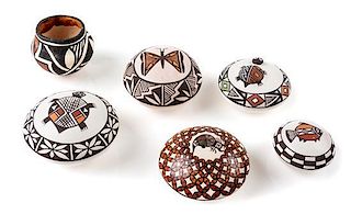 A Group of Thirteen Acoma Pueblo Pottery Articles Height of tallest 1 5/8 inches.