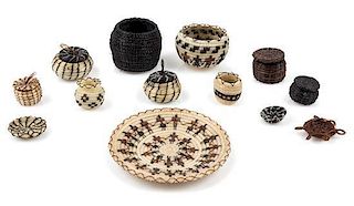 A Group of Fourteen Native American Woven Horse Hair Articles Diameter of largest 2 3/8 inches.