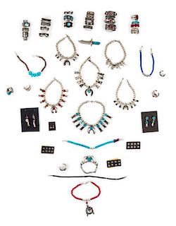A Collection of Native American Silver Jewelry Articles Length of longest necklace 2 inches.