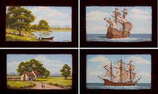 Motilla, (20th Century), Naval Ships (two works), Village Scene, River Scene and Floral Bouquet (five works total)