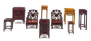 A Group of Nine Chinese Style Carved Furniture Articles Height of tallest 3 3/4 inches.