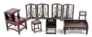 A Group of Eleven Chinese Style Diminutive Hardwood Furniture Articles Height of tallest 7 1/4 inches.