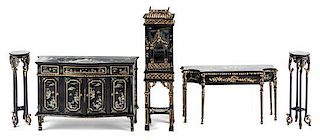 A Suite of Chinese Style Black Painted Furniture Articles Height of display cabinet 5 5/8 inches.