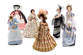 A Group of Seven Bisque Porcelain and Ceramic Dolls Height of tallest 6 3/4 inches.