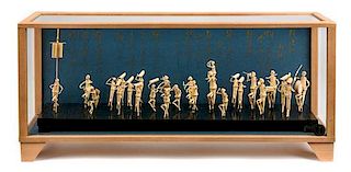 A Japanese Model of a Festival Dance Height 8 1/8 x width 18 3/8 x depth 4 3/4 inches.