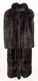 Mink & Fox Fur Trim Herringbone Full-Length Coat