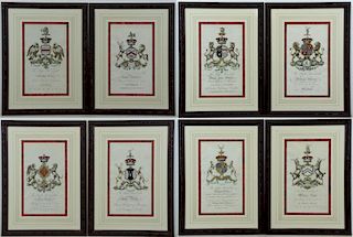 Set of 8 Hand Colored Heraldic Crest Engravings