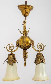 American Art Nouveau Brass Two-Light Chandelier