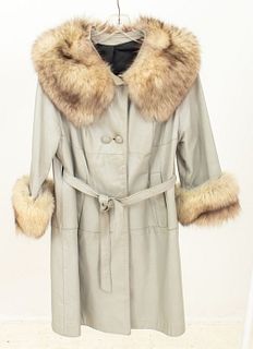Fox Fur Trimmed Gray Leather Coat