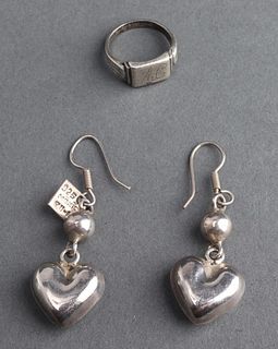 Vintage Silver Heart Motif Earrings & Ring, 2 pcs.