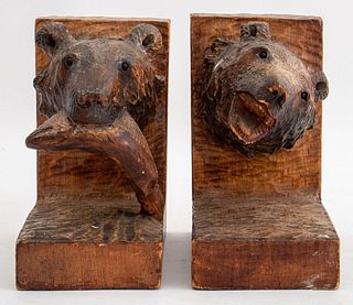 American Folk Art Bear Heads Wood Book End, 2