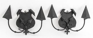 Wrought Iron Shield Form Two Light Sconces