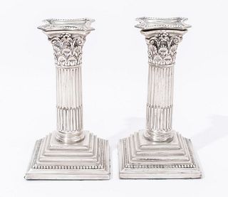 Classical Manner Silverplate Candlesticks, Pair