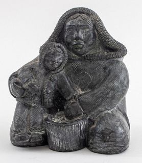 Inuit Manner Mother & Child Figural Cast Sculpture