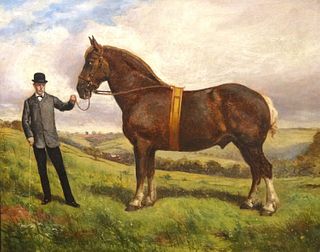 PORTRAIT OF A PRIZE WINNING STALLION AND OWNER OIL PAINTING