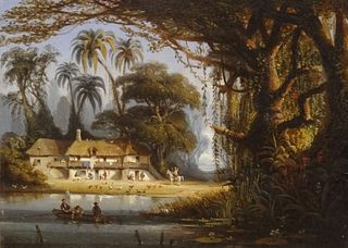 FRENCH COLONIAL VIEW BRAZILIAN LANDSCAPE OIL PAINTING