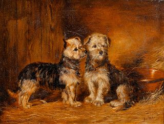  PORTRAIT OF TERRIER PUPS IN A BARN OIL PAINTING